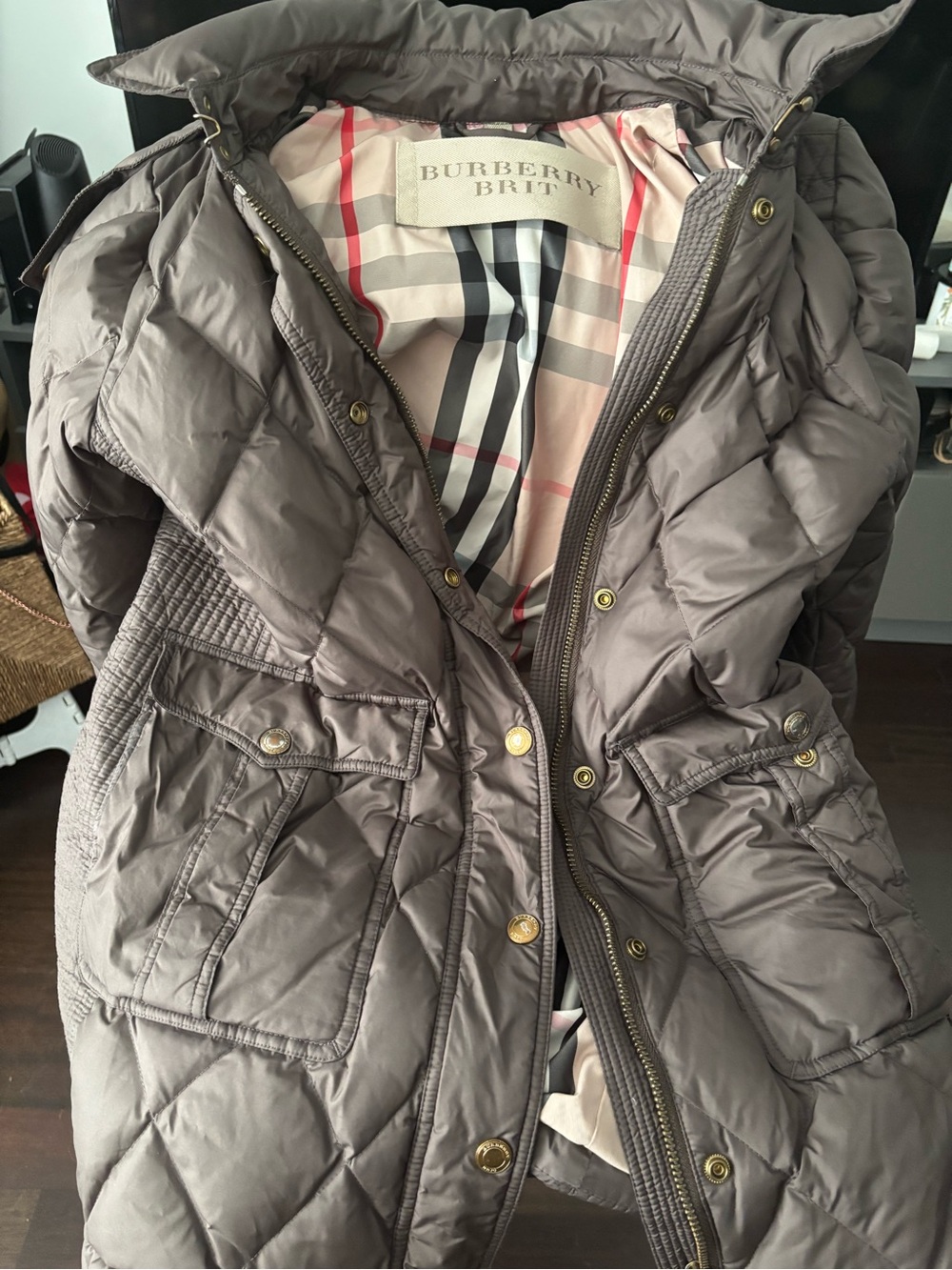 Burberry Quilted Puffer Coat in Taupe with Iconic Check Lining